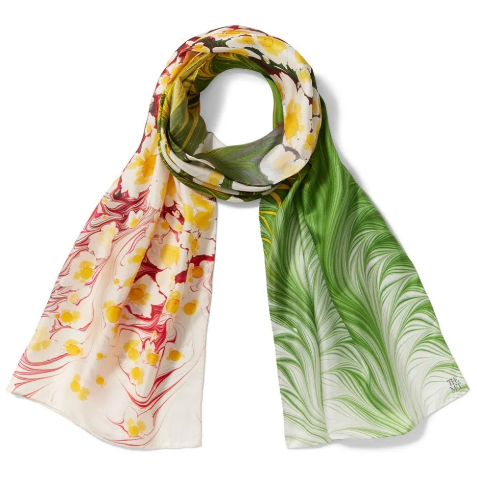 Daisy Garden Marbled Paper Oblong Silk Scarf