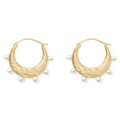Hammered Crescent Pearl Hoop Earrings