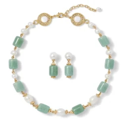 Karavas Gems Large-Bead Aventurine and Pearl Necklace and Drop Earrings Set